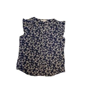 fun2fun Women's Navy White Floral Sleeveless Ruffle V-Neck Blouse Size L Regular